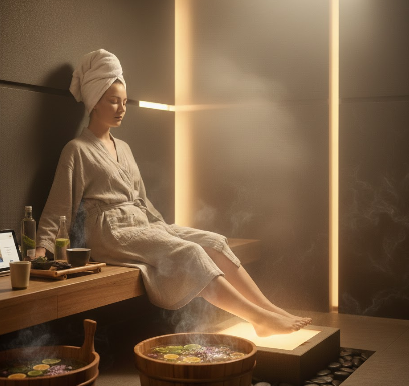 Термен бумен пісіру бөлмесінде аяқ массажына арналған терең сауықтыру нұсқаулығы